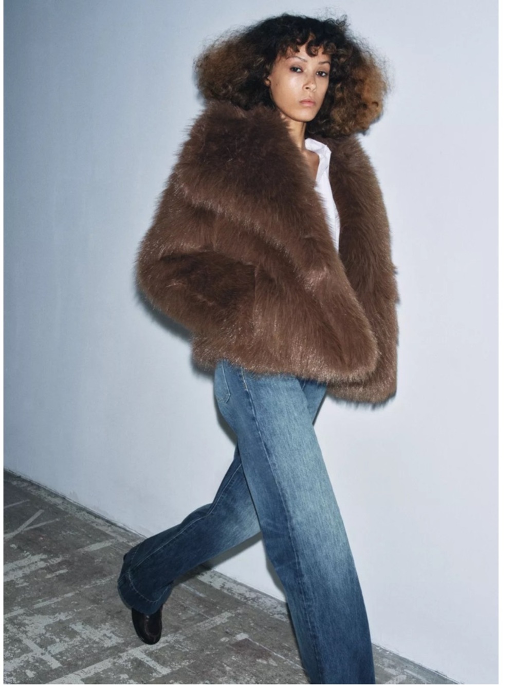 NWOT. Zara ZW Collection Brown Faux Fur Short Coat. Size M.